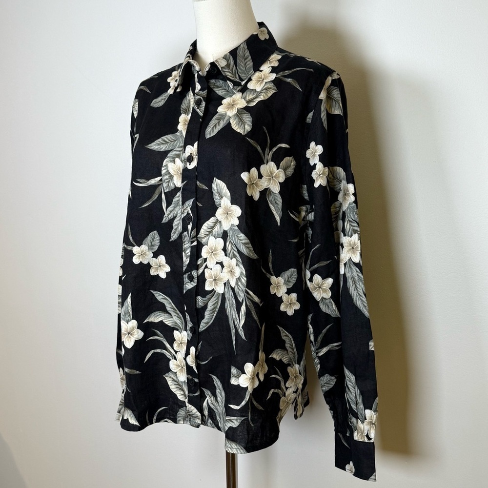 Lands End 100% Linen Black Floral Button-front Shirt Women’s Size Medium (10-12) - Picture 3 of 11